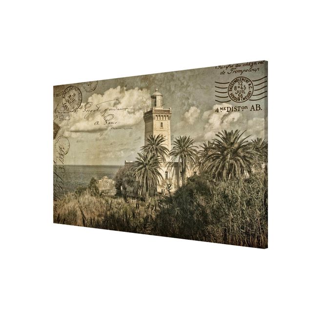 Wandbilder Strände Vintage Postkarte mit Leuchtturm und Palmen