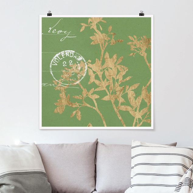 Poster mit Blumen Goldene Blätter auf Lind II