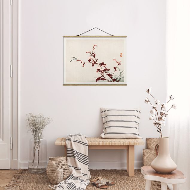 Wandbilder Blumen Asiatische Vintage Zeichnung Roter Zweig mit Libelle
