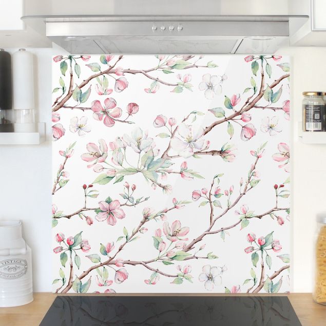 Küchen Deko Aquarell Zweige von Apfelblüten in Rosa und Weiß