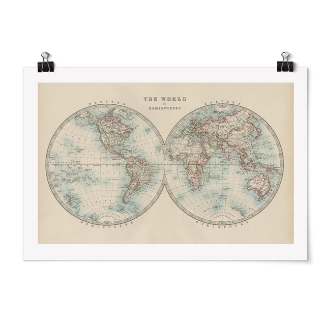 Poster mit Sprüchen Vintage Weltkarte Die zwei Hemispheren