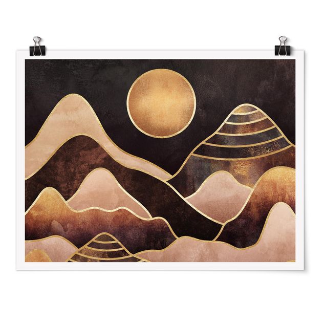 Poster Kunstdruck Goldene Sonne abstrakte Berge