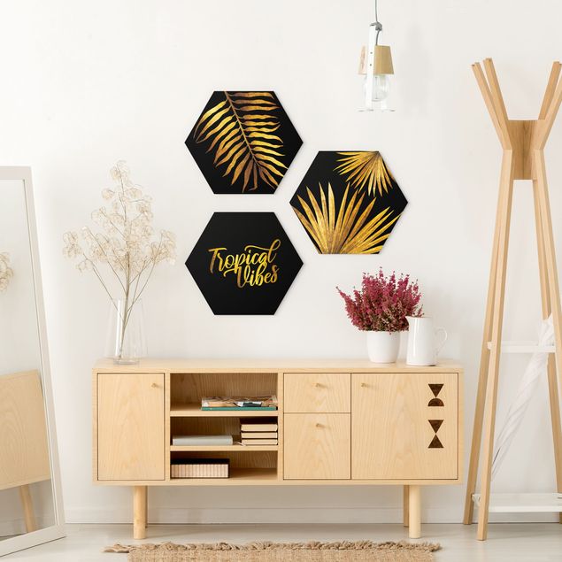 Wandbilder Floral Gold - Tropical Vibes auf Schwarz Set I