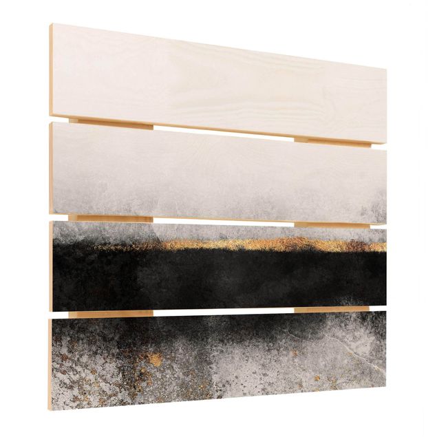 Holzbild - Elisabeth Fredriksson - Abstrakter Goldener Horizont Schwarz Weiß - Quadrat 1:1