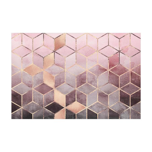 Teppich 3D Motiv Rosa Grau goldene Geometrie