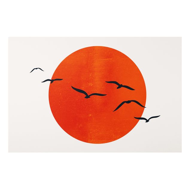 Wandbilder Landschaften Vogelschwarm vor roter Sonne I