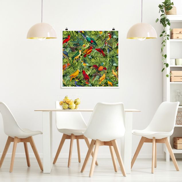 Poster Blumen Bunte Collage - Papageien im Dschungel