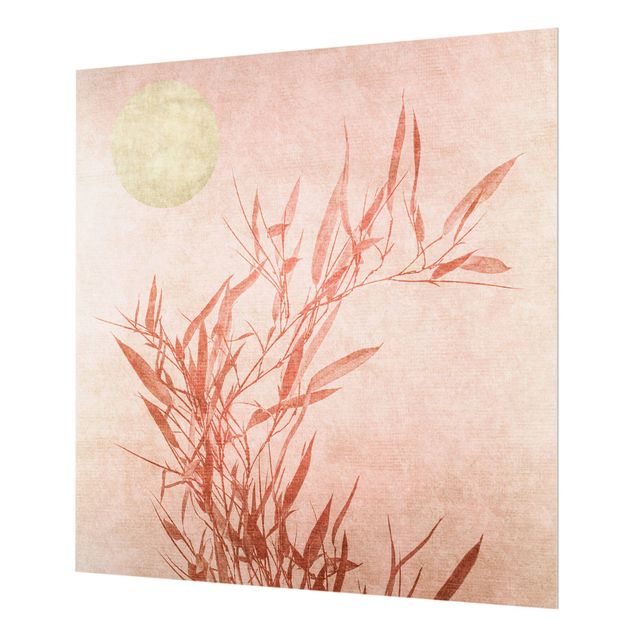 Spritzschutz Glas - Goldene Sonne mit Rosa Bambus - Quadrat 1:1