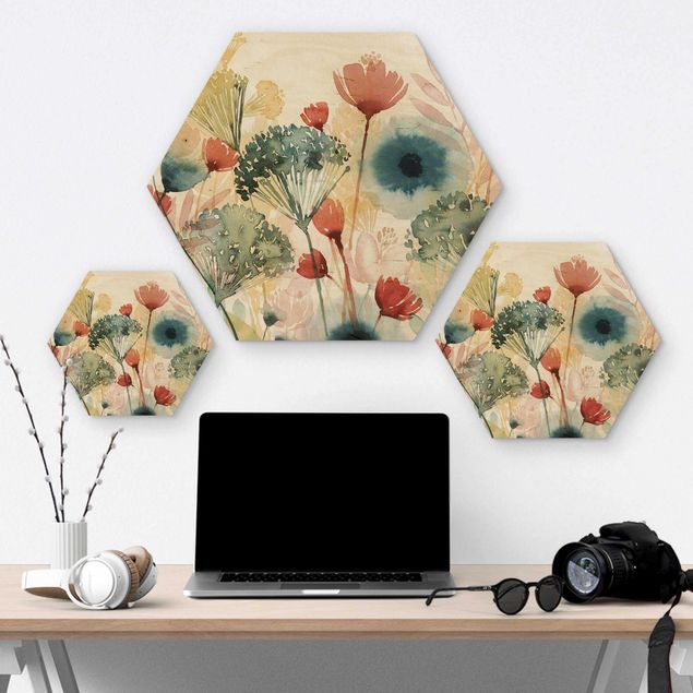 Hexagon Bild Holz - Wildblumen im Sommer I