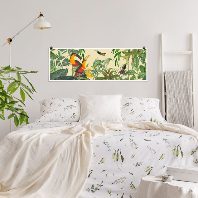 Blumen Poster Vintage Collage - Vögel im Dschungel
