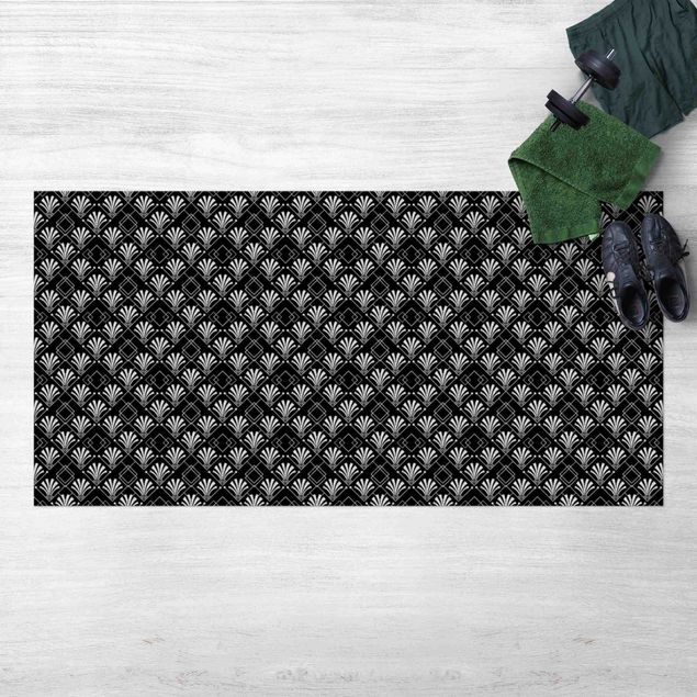 Aussen Teppich Glitzeroptik mit Art Deco Muster auf Schwarz