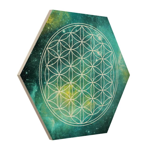 Hexagon Bild Holz - Blume des Lebens im Licht der Sterne