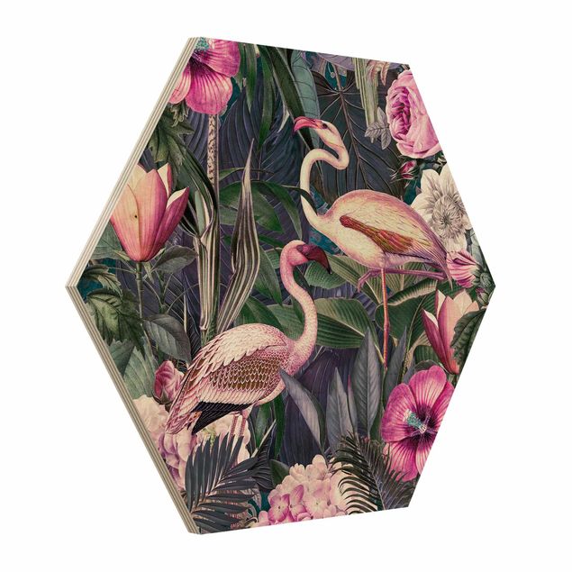 Wandbilder Floral Bunte Collage - Pinke Flamingos im Dschungel