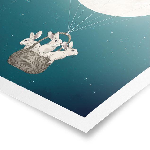 Wandbilder Türkis Illustration Hasen Mond-Heißluftballon Sternenhimmel