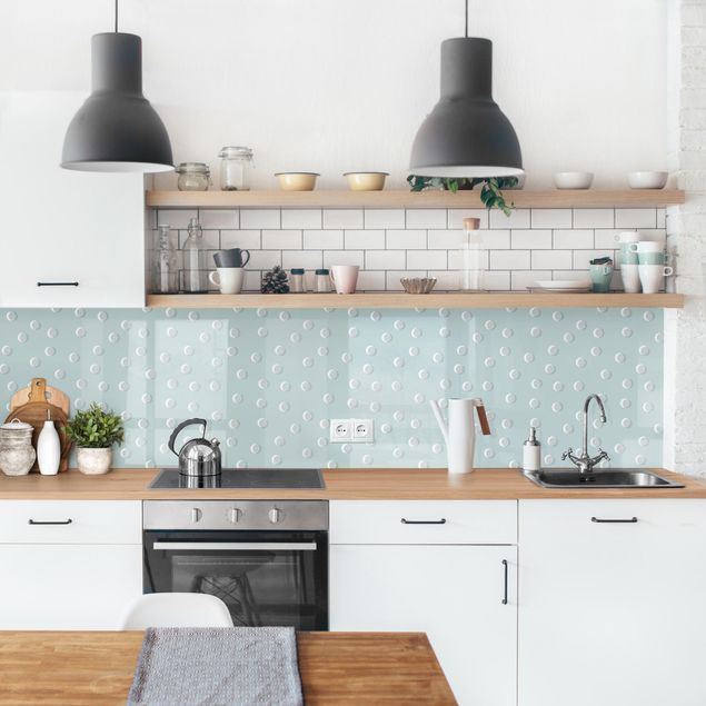 Glasrückwand Küche Muster mit Punkten und Linienkreisen auf Blaugrau II
