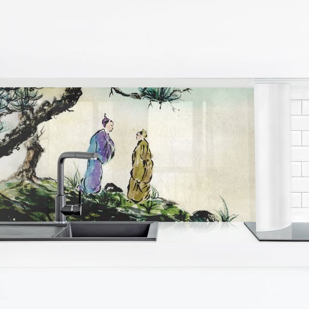 Küchenrückwand Folie Japanische Aquarell Zeichnung Kiefer und Bergdorf