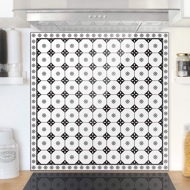 Küchen Deko Geometrische Fliesen Landhaus Schwarz Weiß mit Bordüre