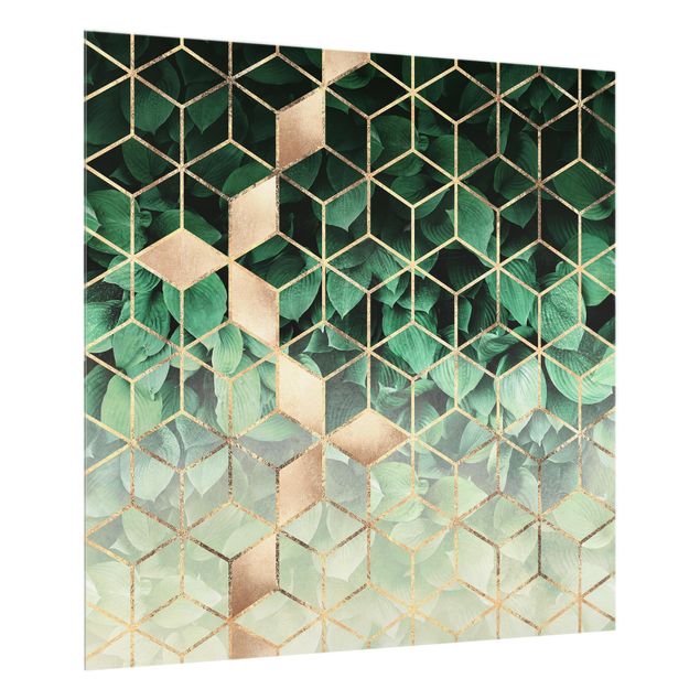 Spritzschutz Küche Glas Grüne Blätter goldene Geometrie