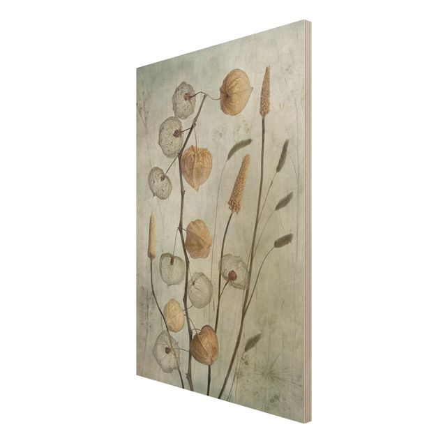 Wandbild Holz Vintage Lampionfrüchte im Herbst