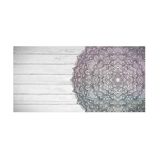 Moderner Teppich Mandala Lotusblüte Holzoptik weiß
