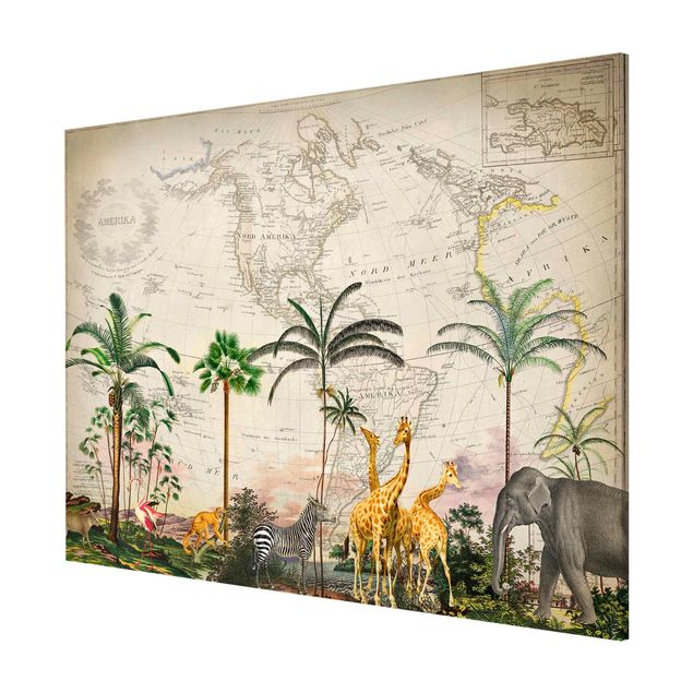 Wandbilder Floral Vintage Collage - Tierwelt auf Weltkarte