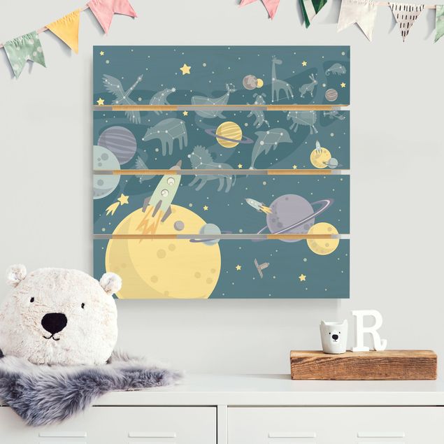 Deko Kinderzimmer Planeten mit Sternzeichen und Raketen