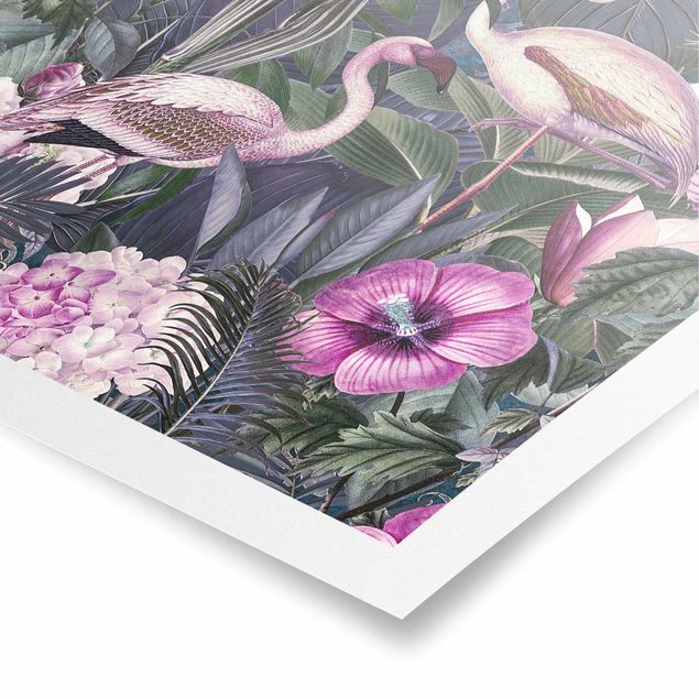 Kunstkopie Poster Bunte Collage - Pinke Flamingos im Dschungel