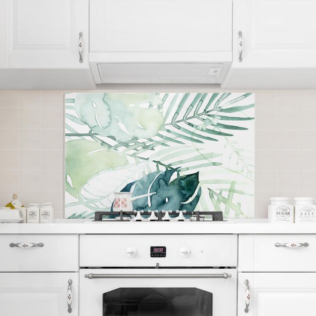 Glasrückwand Küche Blumen Palmwedel in Wasserfarbe I