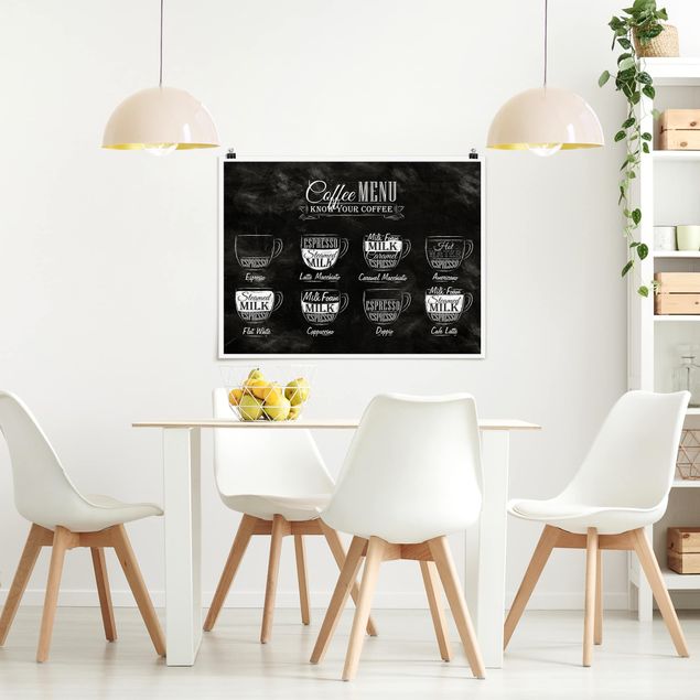 Poster schwarz-weiß Kaffeesorten Kreidetafel