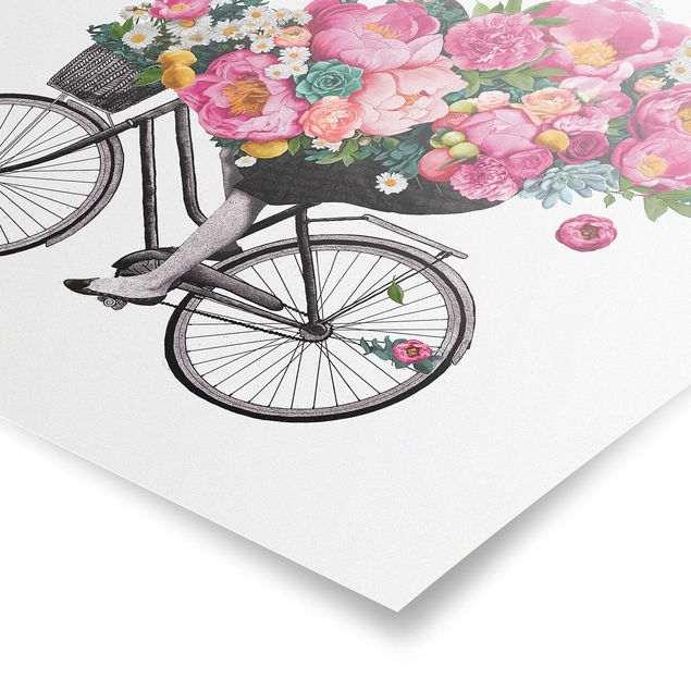 Wandbilder Rosa Illustration Frau auf Fahrrad Collage bunte Blumen