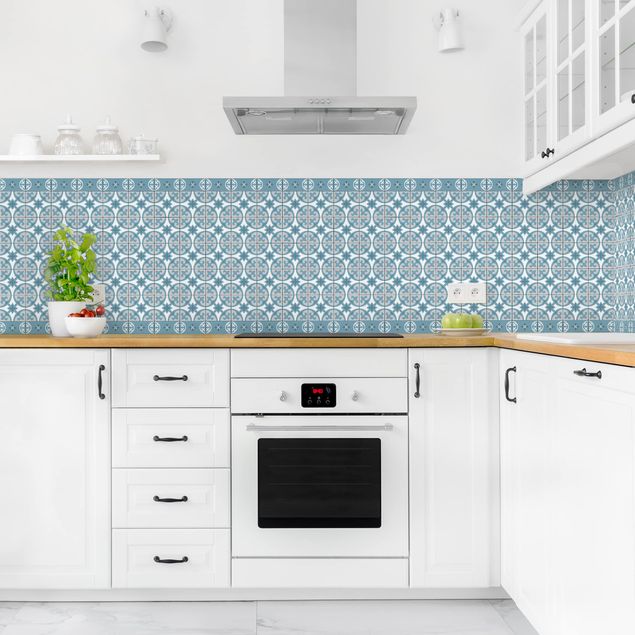Küchenrückwand Folie Fliesenoptik Geometrischer Fliesenmix Kreise Blaugrau