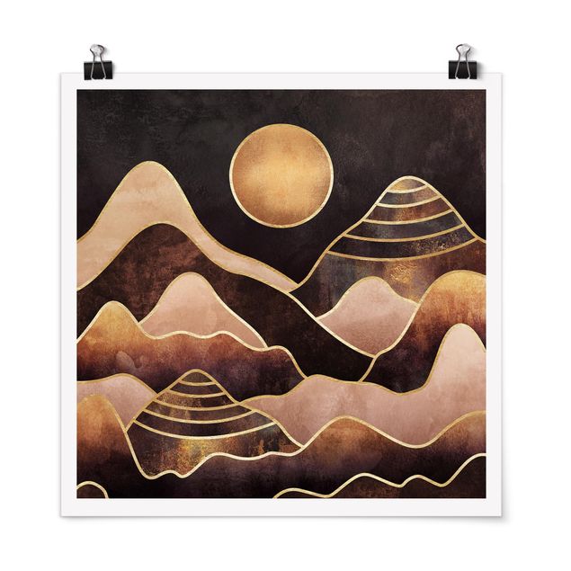 Poster Kunstdruck Goldene Sonne abstrakte Berge