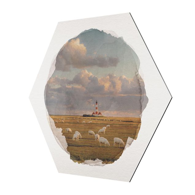 Wandbilder Modern Wasserfarben - Nordsee Leuchtturm mit Schafsherde