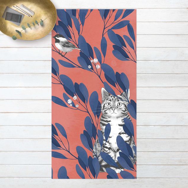 outdoor-teppich wetterfest Illustration Katze und Vogel auf Ast Blau Rot