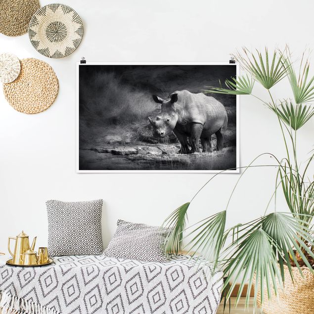 Poster schwarz-weiß Lonesome Rhinoceros