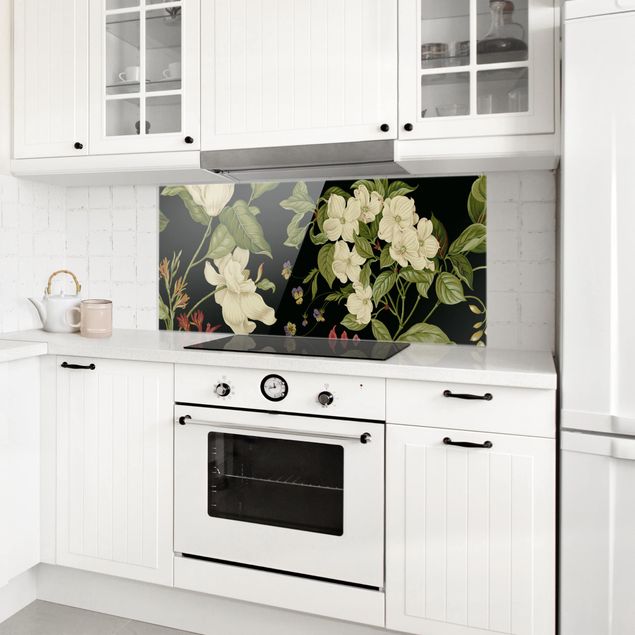 Glasrückwand Küche Blumen Gartenblumen auf Schwarz I