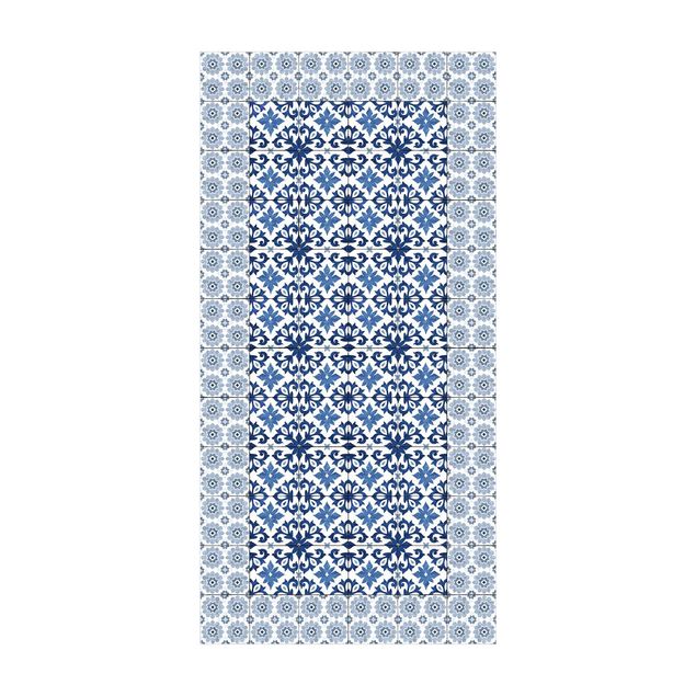 Moderner Teppich Marokkanische Fliesen Florale Blaupause mit Fliesenrahmen