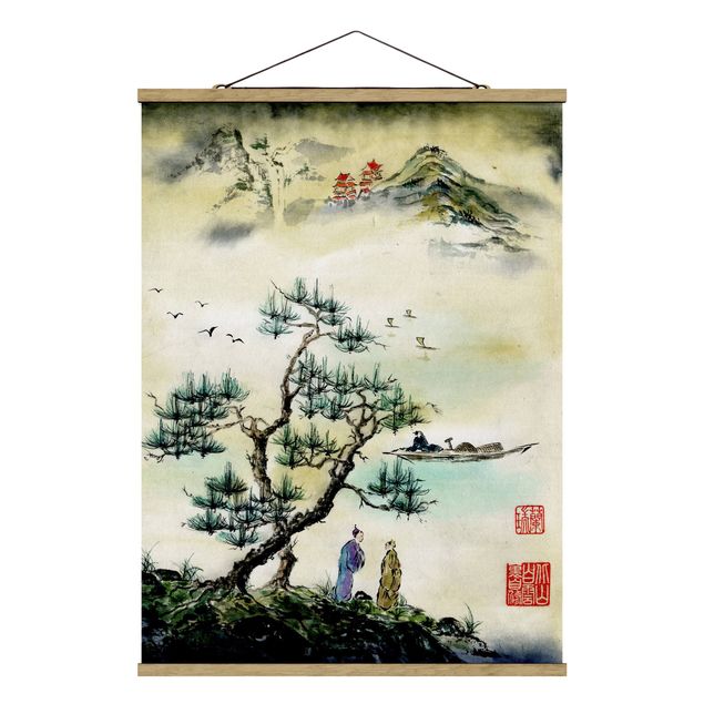 Wandbilder Landschaften Japanische Aquarell Zeichnung Kiefer und Bergdorf