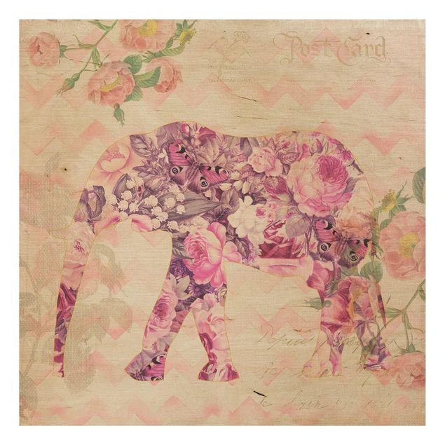 Holzbilder Blumen Vintage Collage - Rosa Blüten Elefant