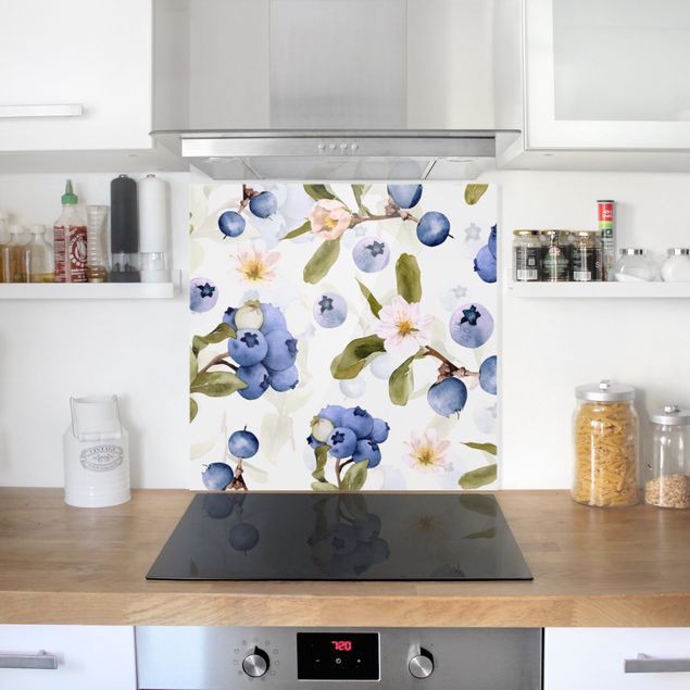Glasrückwand Küche Muster Aquarellierte Heidelbeeren