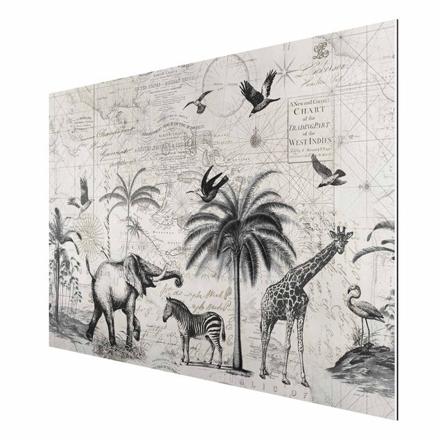 Wandbilder Giraffen Vintage Collage - Exotische Landkarte