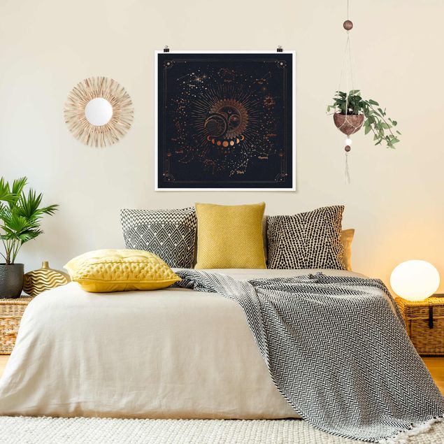 Wandbilder Weltkarten Astrologie Sonne Mond und Sterne Blau Gold