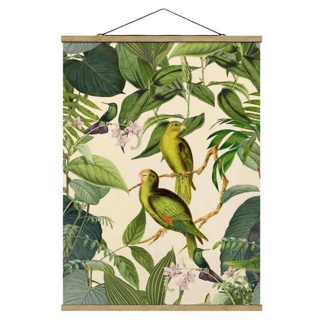 Wandbilder Blumen Vintage Collage - Papageien im Dschungel
