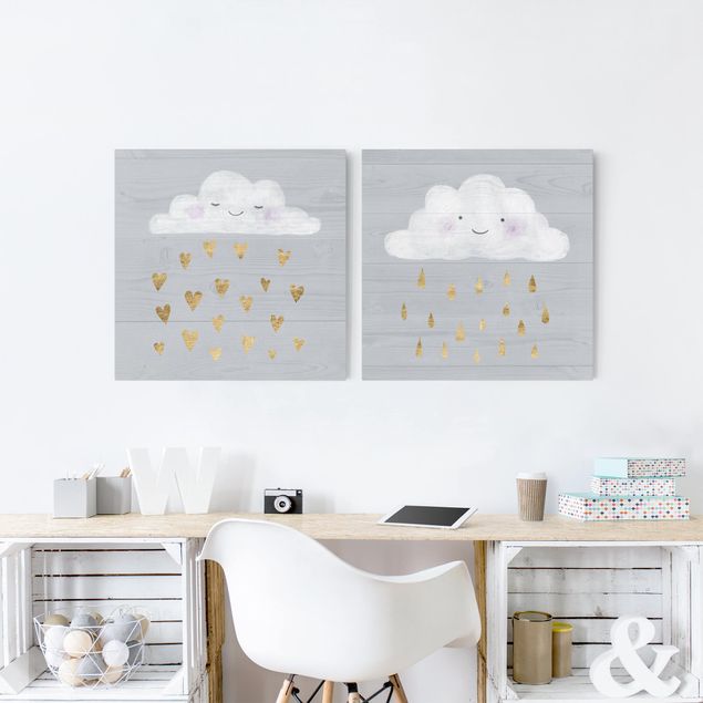 Wandbilder Liebe Wolken mit goldenen Herzen und Tropfen Set I