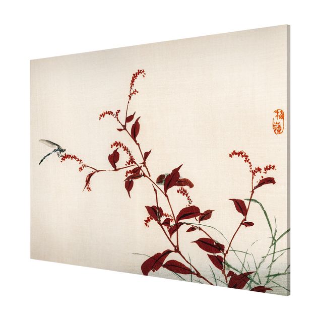 Wandbilder Floral Asiatische Vintage Zeichnung Roter Zweig mit Libelle