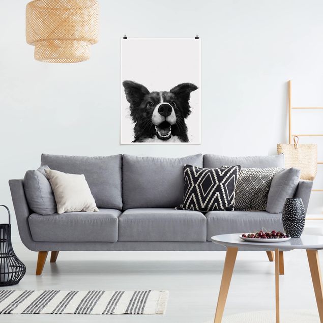 Poster schwarz-weiß Illustration Hund Border Collie Schwarz Weiß Malerei