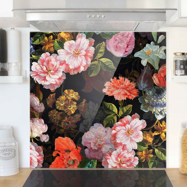Wanddeko Küche Dunkles Blumenbouquet