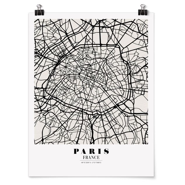 Poster schwarz-weiß Stadtplan Paris - Klassik