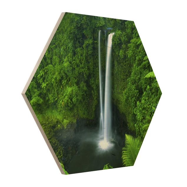 Wandbild Holz Paradiesischer Wasserfall
