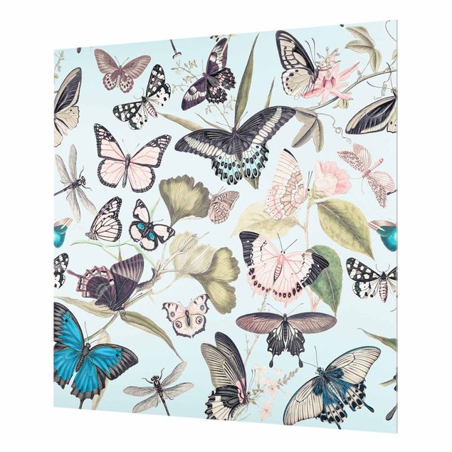 Spritzschutz Glas - Vintage Collage - Schmetterlinge und Libellen - Quadrat 1:1